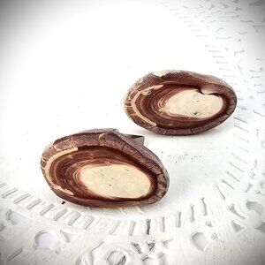 Vintage Petrified Wood Slice Polish Red White Stone Specimen Cufflinks 1.25"